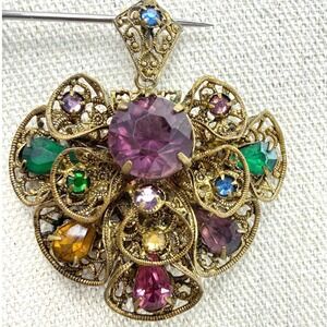 Vintage Czech Glass Filigree Pendant Signed 2"